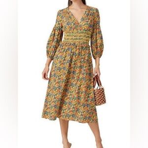 SHOSHANNA Ari Floral Cotton Midi Dress w/ Smocked Waist and Puff Sleeves - EUC!